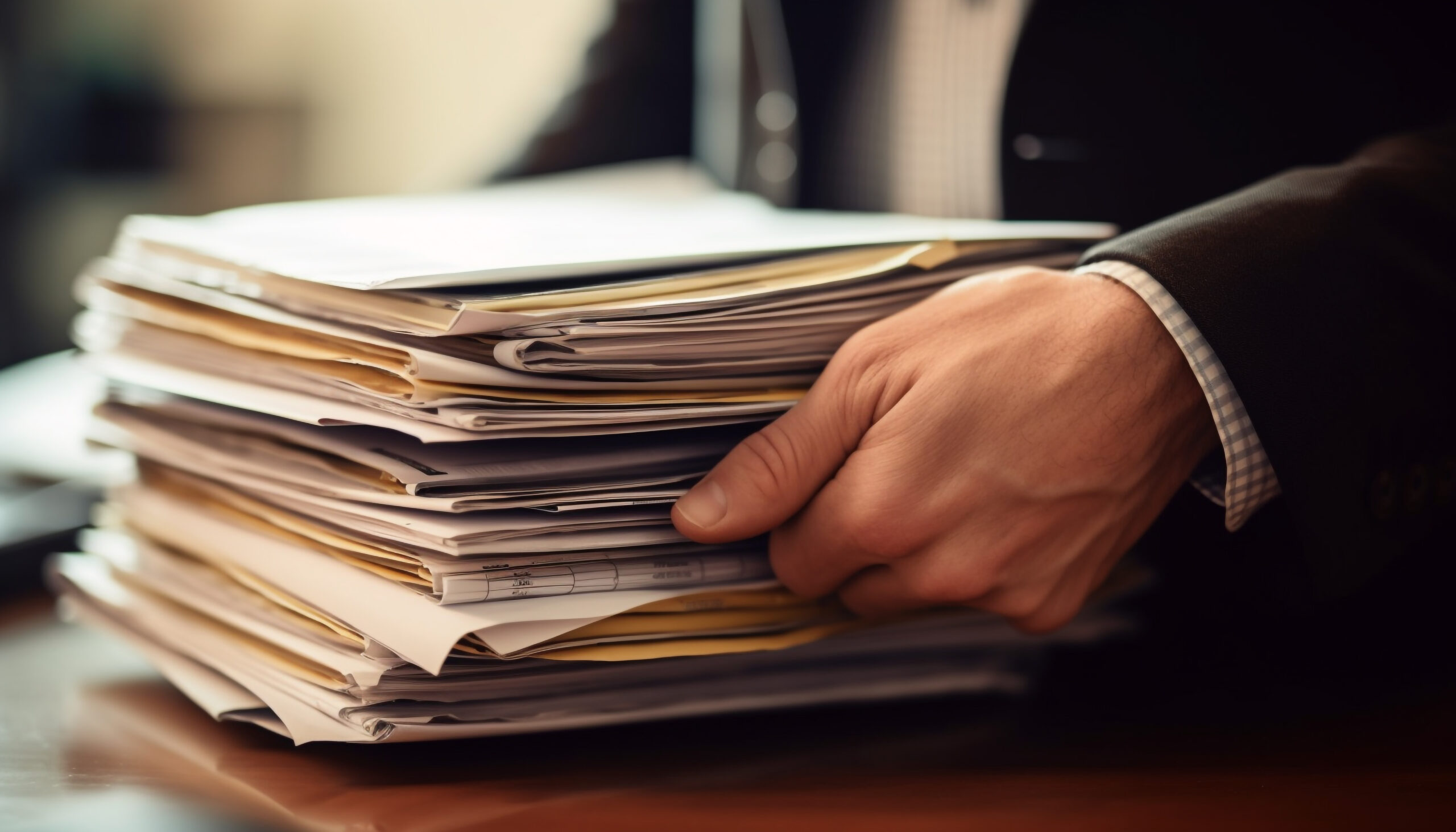 Overworked businessman buried in paperwork on desk heap generated by AI